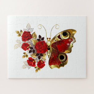 Puzzle Papillon de fleurs rouges aux roses rouges