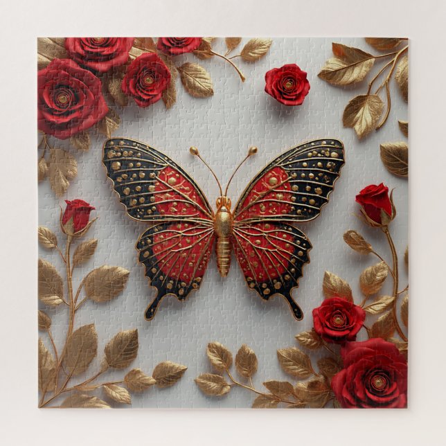 Puzzle Papillon doré avec des roses rouges et des feuille (Vertical)