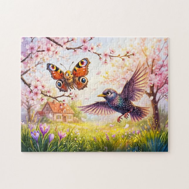 Puzzle Papillon effrayé par un oiseau sous les fleurs de  (Horizontal)