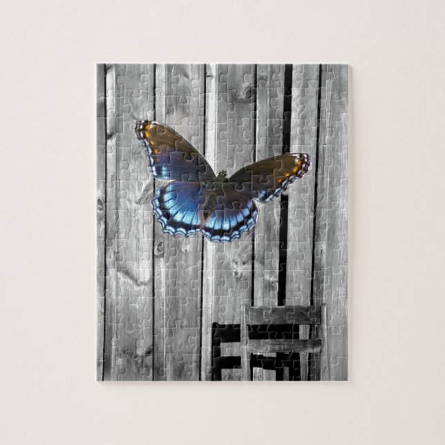 Puzzle Papillon en bois patiné affligé de bleu de ferme (Vertical)