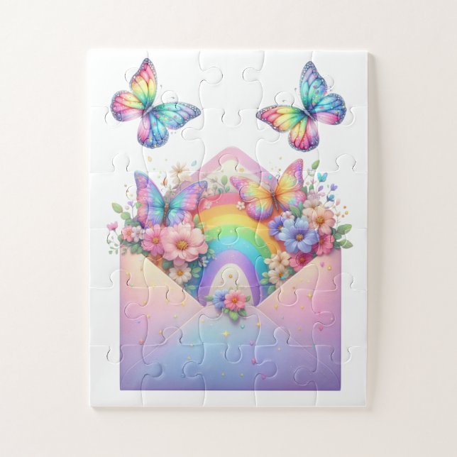 Puzzle - Papillon et Fleur Pailletés Arc-en-Ciel  (Vertical)