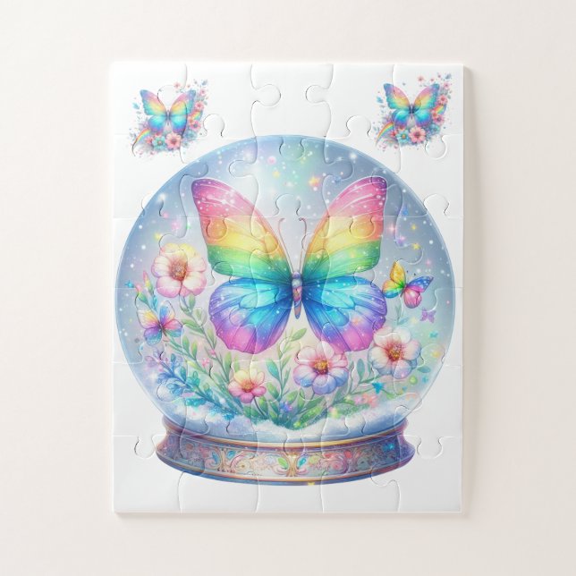 Puzzle Papillon et fleur pailletés arc-en-ciel  (Vertical)
