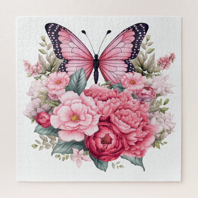 Puzzle Papillon et fleurs rose rétro (Vertical)