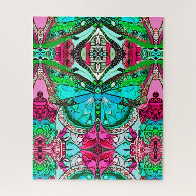 Puzzle Papillon et Motif Batik de Médaillon en Turquoise (Vertical)