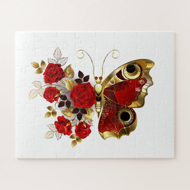 Puzzle Papillon fleur rouge avec des roses rouges (Horizontal)