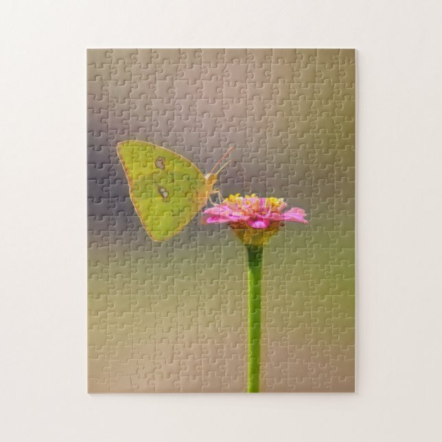 Puzzle Papillon jaune sur la fleur rose Zinnia (Vertical)
