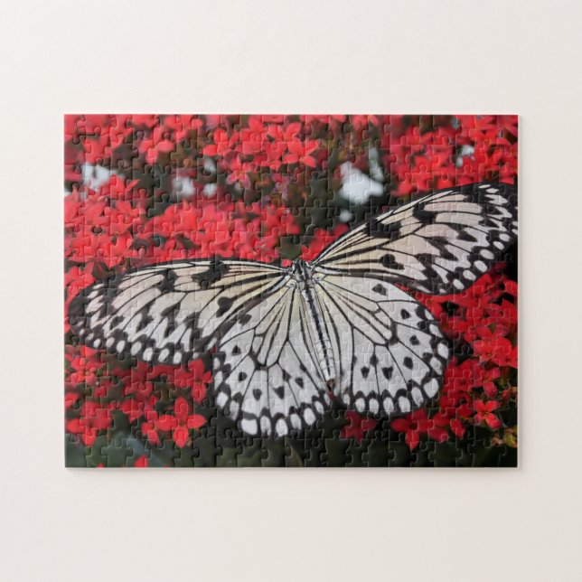 Puzzle Papillon noir et blanc en rouge Flower Bush (Horizontal)