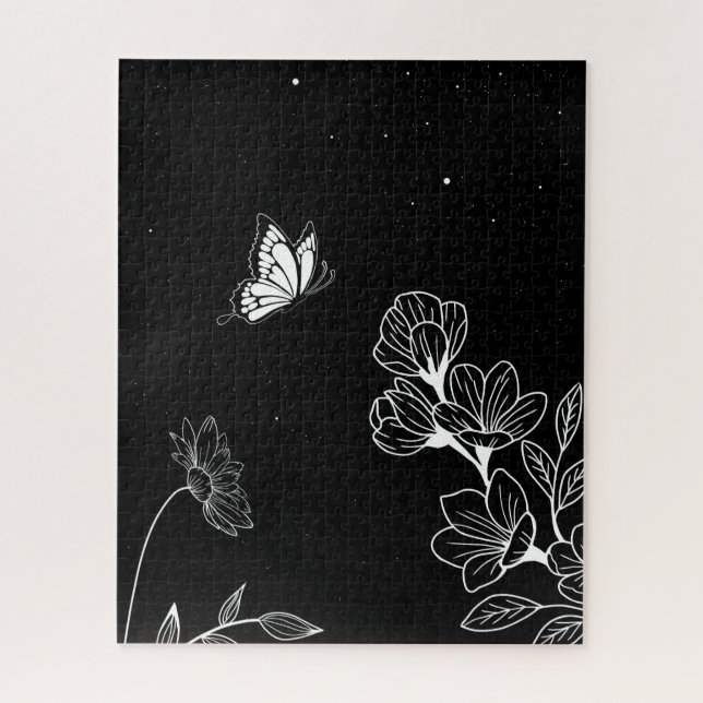Puzzle Papillon noir et blanc et fleurs à l'art nocturne (Vertical)