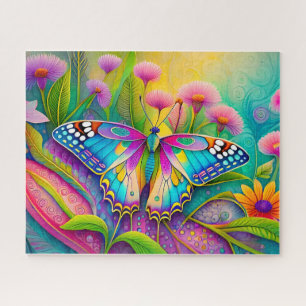 Puzzle Papillon Psychédélique Coloré et Fleurs Sauvages 