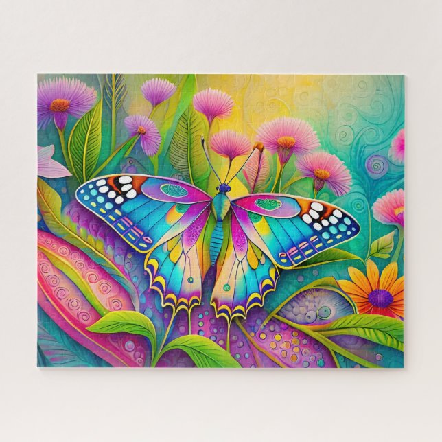 Puzzle Papillon Psychédélique Coloré et Fleurs Sauvages  (Horizontal)