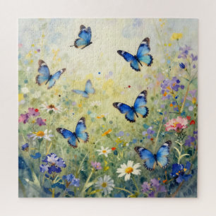 Puzzle Papillons Bleus Aquarelle Prairie De Fleurs Sauvag