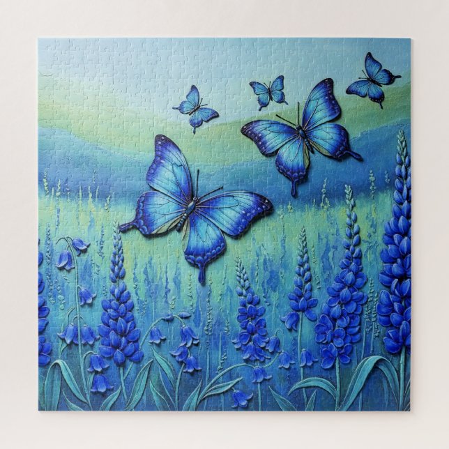 Puzzle Papillons Bleus avec des Fleurs Bleues, (Vertical)
