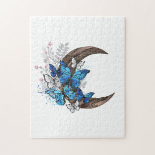 Puzzle Papillons bleus sur croissant en bois