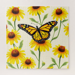 Puzzle Papillons Monarques Motif Jaunes Marguerites