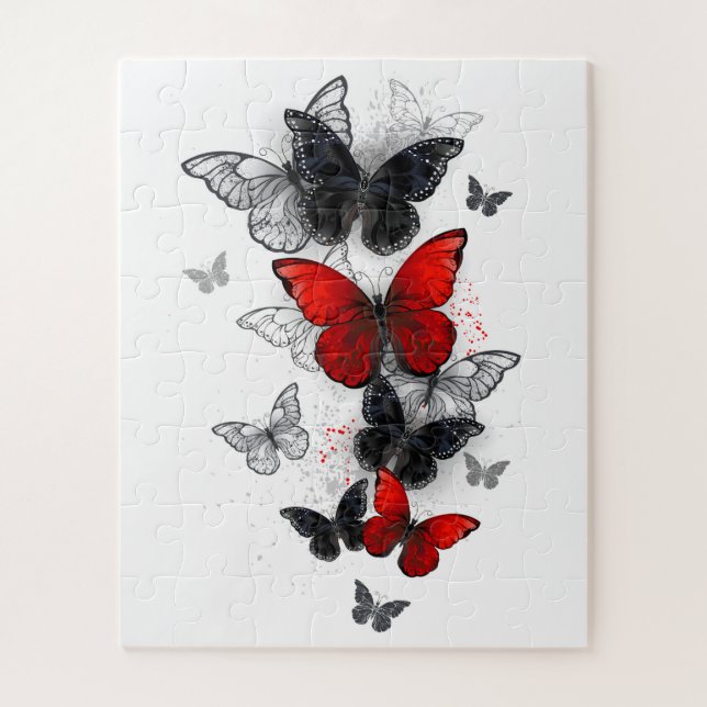 Puzzle Papillons Morpho Noirs et Rouges en Vol (Vertical)