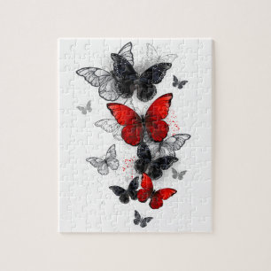Puzzle Papillons Morpho Noirs et Rouges en Vol