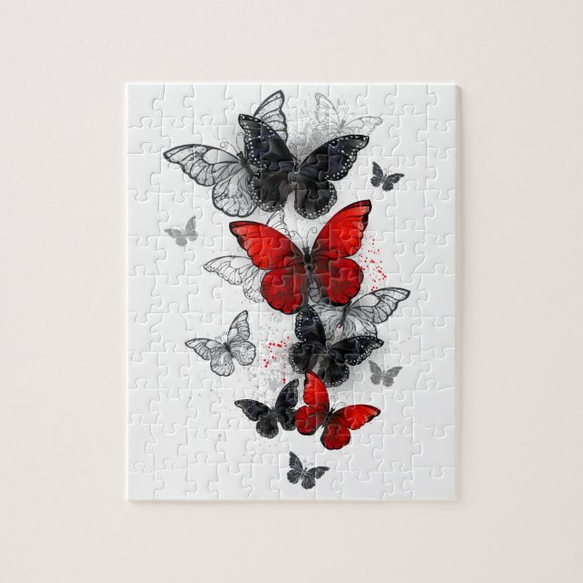 Puzzle Papillons Morpho Noirs et Rouges en Vol (Vertical)