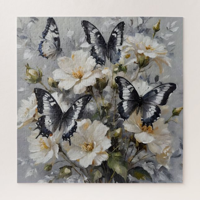 Puzzle Papillons Noir Et Blanc Sur Fleurs Blanches, (Vertical)