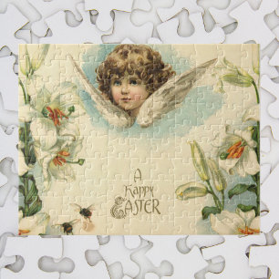 Puzzle Pâques vintage, fleurs de lys victoriennes et ange