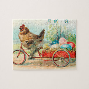 Puzzle Pâques vintage Poulet à vélo Oeuf de Pâques