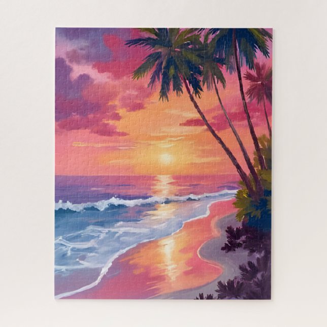 Puzzle Paradise Sunset | Pink Tropical Watercolor Beach (Vertical)