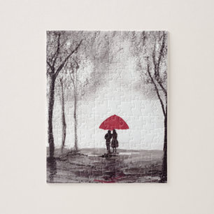 Puzzle Parapluie rouge amour couple aquarelle mariage