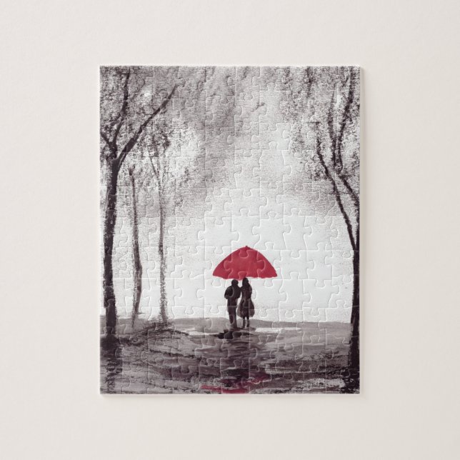 Puzzle Parapluie rouge amour couple aquarelle mariage (Vertical)
