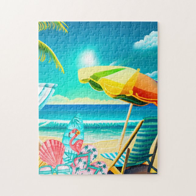 Puzzle Parapluies de plage d'été, planche de surf et arbr (Vertical)