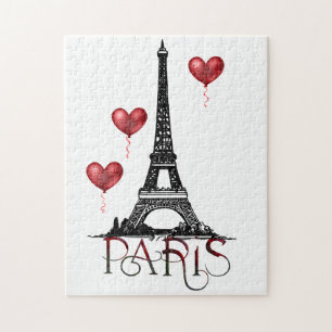 Puzzle Paris, Eiffel Tower and Red Heart Balloons