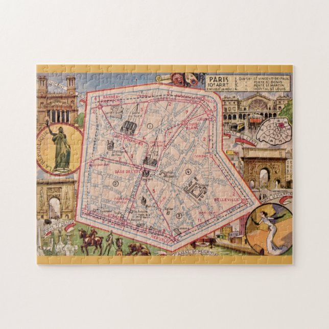 Puzzle Paris France Carte Vintage 11x14 (Horizontal)
