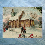 Puzzle Paroissiens de l'église de Noël à la messe de l'au<br><div class="desc">Illustration vintage image de Noël victorienne avec une belle église avec vitraux au lever du soleil le jour de Noël. Les paroissiens marchent dans la neige pour aller à la messe de l'aube ou "messe du berger"</div>