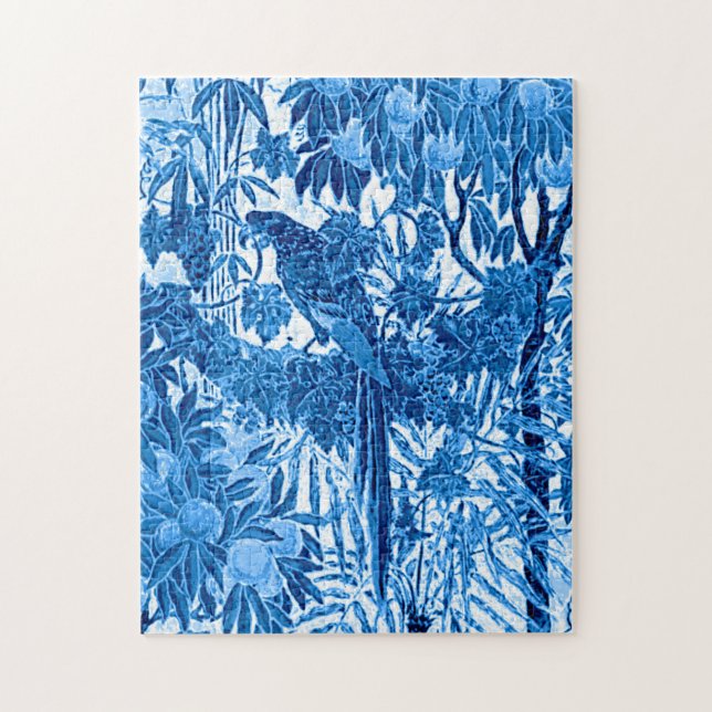 Puzzle Parrot dans un cadre de jungle, Indigo bleu et bla (Vertical)