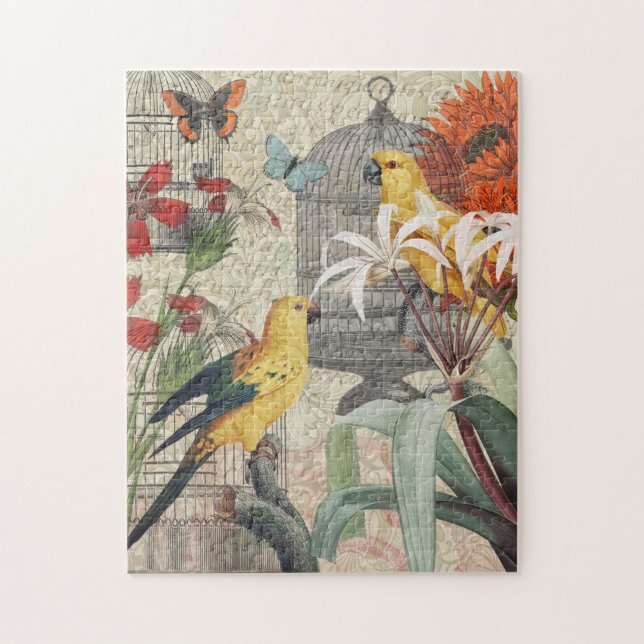 Puzzle Parrot Jaune Tropical Antique Fleur (Vertical)