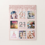 Puzzle parties scintillant de 21e anniversaire gouttes ph<br><div class="desc">Un cadeau glamour et unique de 21ème anniversaire ou de conservation, célébrant sa vie avec un collage de 8 de vos photos. Personnalisez et ajoutez un nom, 21 ans et une date. Lettres gris et rose foncé de couleur or. Elégante et tendance couleur arrière - plan rose vif. Décoré de...</div>