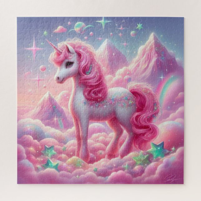 Puzzle Parties scintillant unicorne rose et bleu clair (Vertical)
