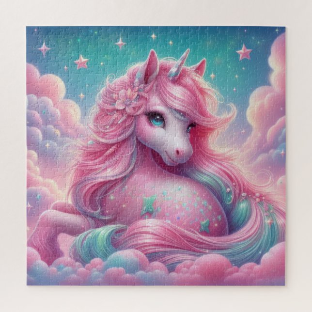 Puzzle Parties scintillant unicorne rose et bleu clair (Vertical)