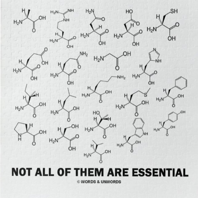 Puzzle Pas tous sont essentiels (20 acides aminés) (Jigsaw puzzle for any biochemist w/ 20 amino acids & caption "Not All Of Them Are Essential")