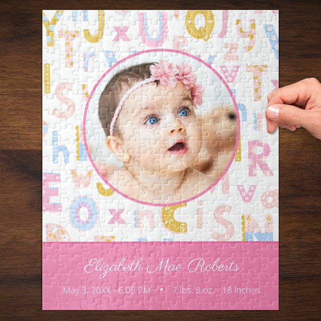 Puzzle Pastel Pink ABC Birth Record Stat Baby Girls Photo (Créateur téléchargé)