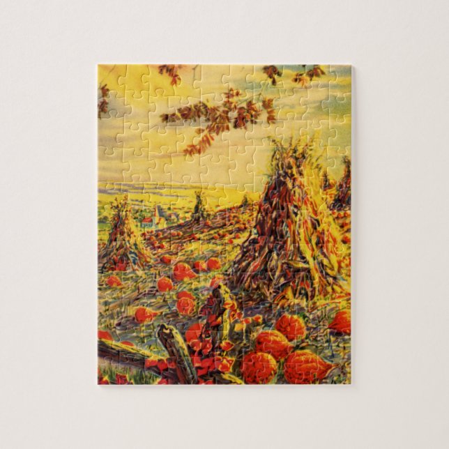 Puzzle Patch de Citrouille Halloween vintage avec Haystac (Vertical)