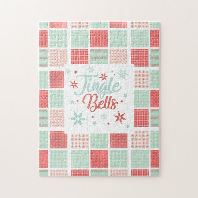 Puzzle Patchwork Jingle Bells Red Green Pastel Noël (Vertical)