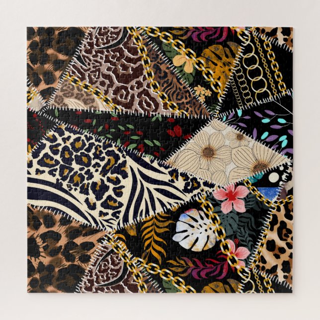 Puzzle Patchwork Leopard : Ethnic Lining Design. (Vertical)