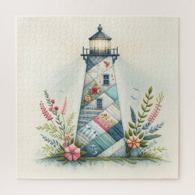 Puzzle Patchwork Lighthouse Coastal Floral Scene (Vertical)