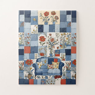 Puzzle Patchwork vintage Denim Floral avec canapé