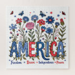 Puzzle Patriotic American Wildflowers Fourth of July USA<br><div class="desc">Colorful wildflowers in patriotic colors with America Freedom Brave Independence Power text. This design can be transferred to many other products.</div>
