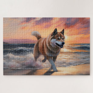 Puzzle Patte Sableuse Akita Chien sur Plage Coucher de So