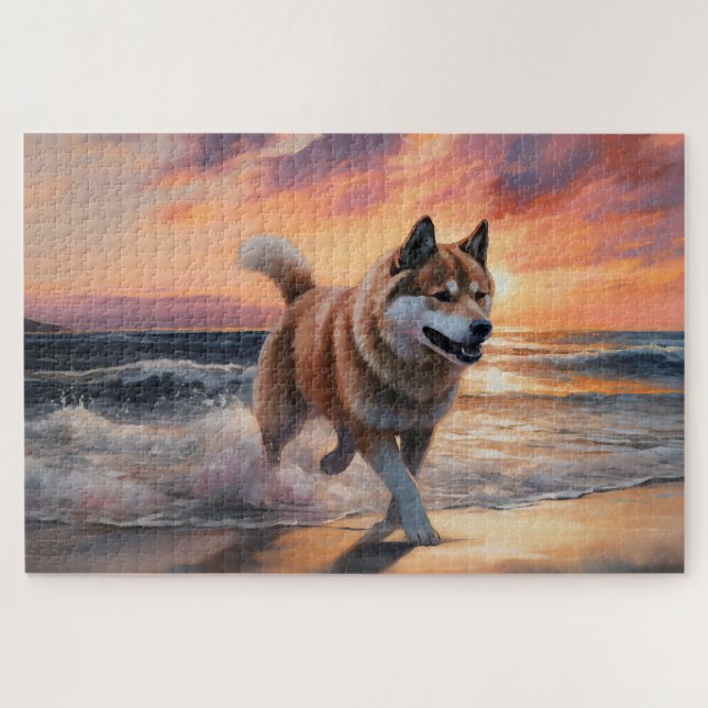 Puzzle Patte Sableuse Akita Chien sur Plage Coucher de So (Horizontal)