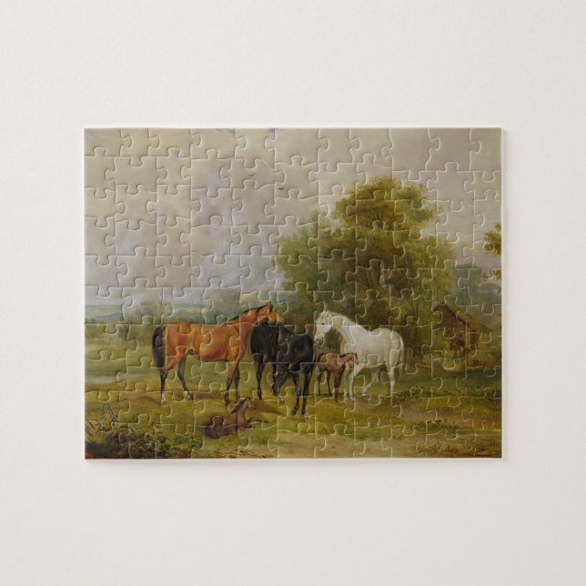 Puzzle Pâturage de chevaux : Juments et poulains dans un (Horizontal)
