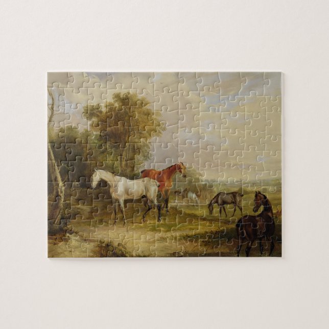 Puzzle Pâturage de chevaux : Un étalon gris frôlant avec (Horizontal)