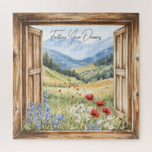 Puzzle Pavot rouge de montagne et fleurs violettes