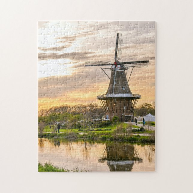 Puzzle Pays-Bas Holland Europe Wind Mills Lake Sunset (Vertical)